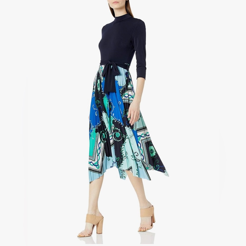 Size 14 - Donna Morgan Women's Long Sleeve Stretch Pleated Skirt Jersey Dress